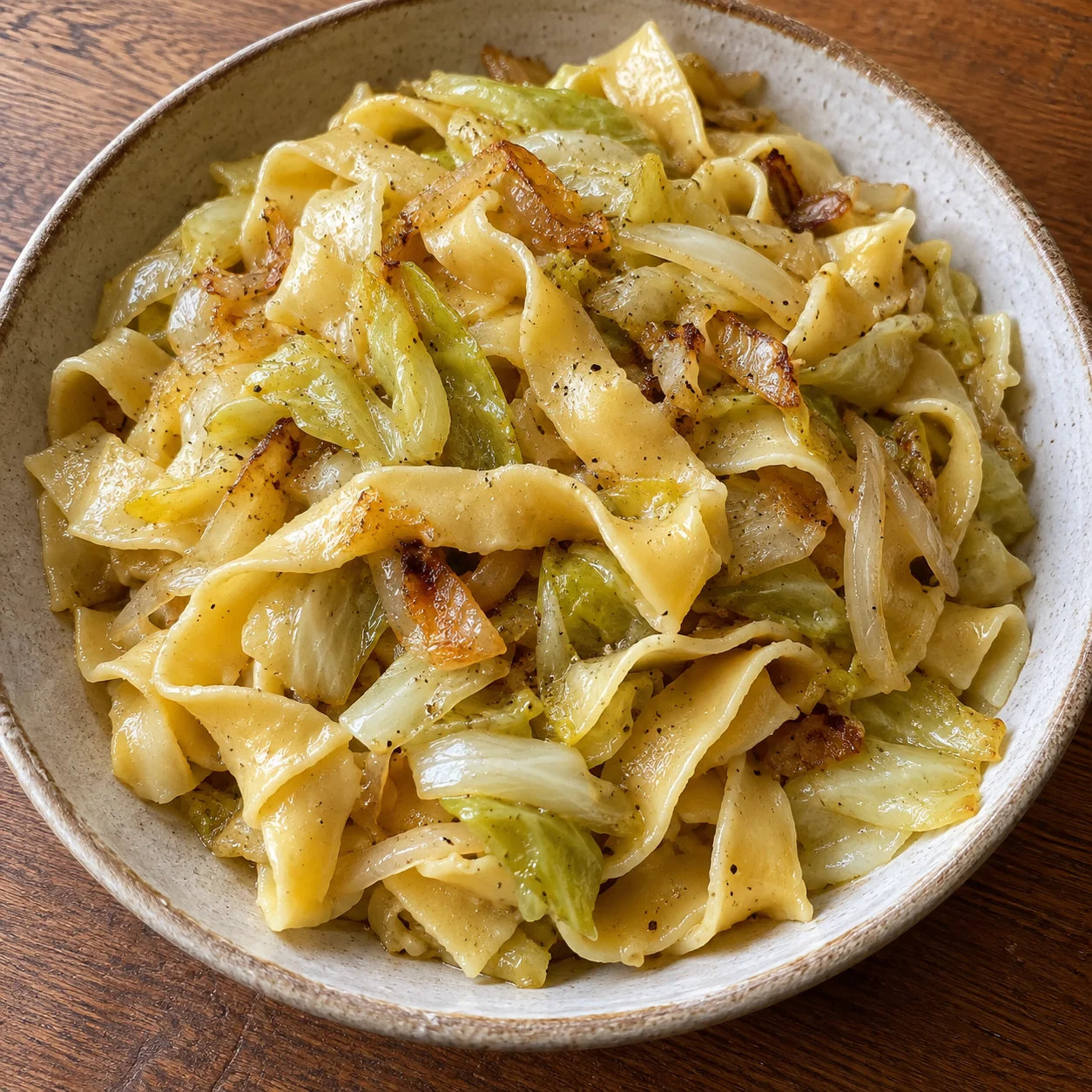 Fresh wide egg noodles are rolled by hand and tossed with tender golden cabbage and onion.