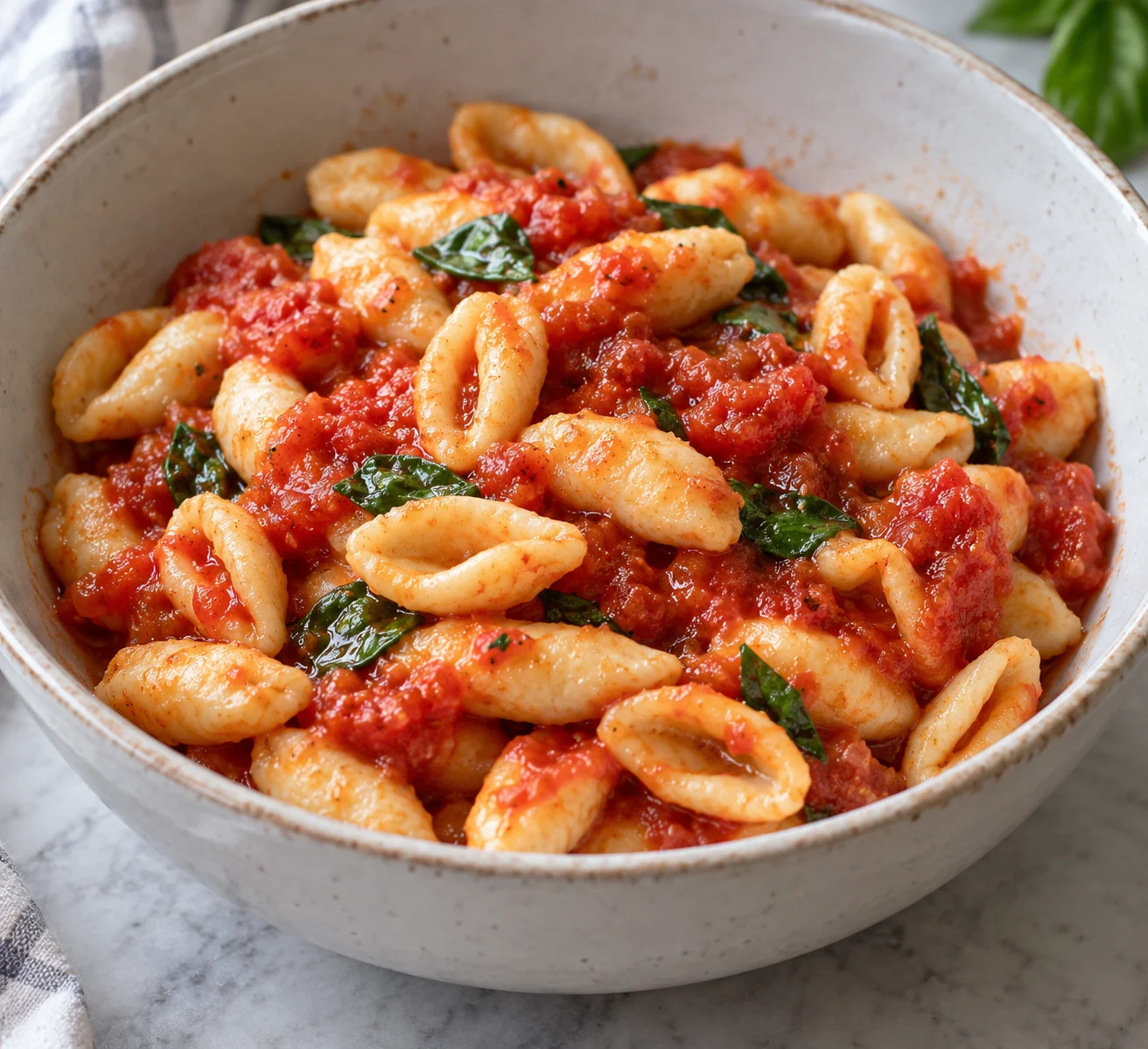 A firm ricotta-and-flour dough is rolled, cut and pressed into small hollow pasta pieces, then coated in tomato sauce.