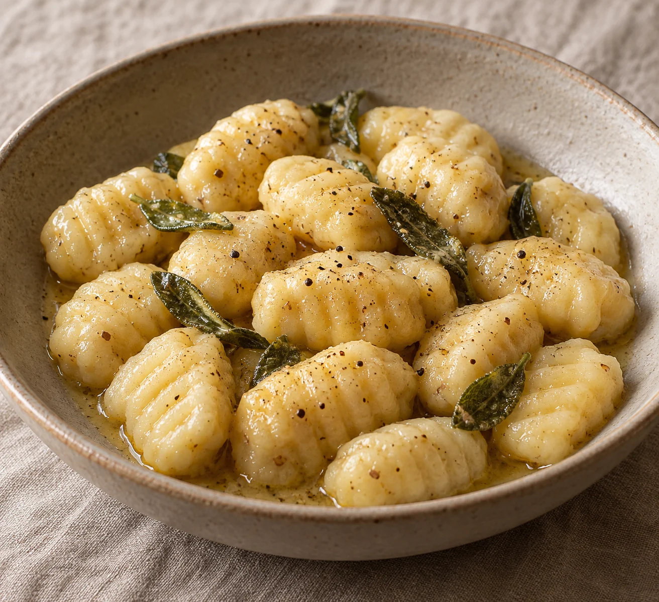 Rustic skin-on potato dumplings are shaped by hand, gently boiled and coated with fragrant sage butter.