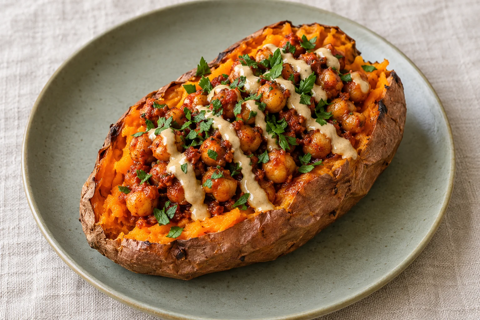 one split baked sweet potato filled with harissa-coated chickpeas, tahini-lemon drizzle and parsley on a sage plate.
