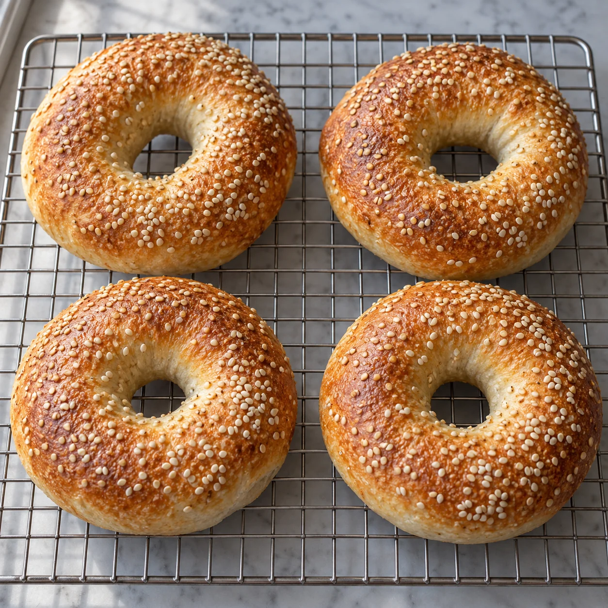 Chewy sesame-topped bread rings made from a firm yeast dough, briefly boiled in plain water and then baked.