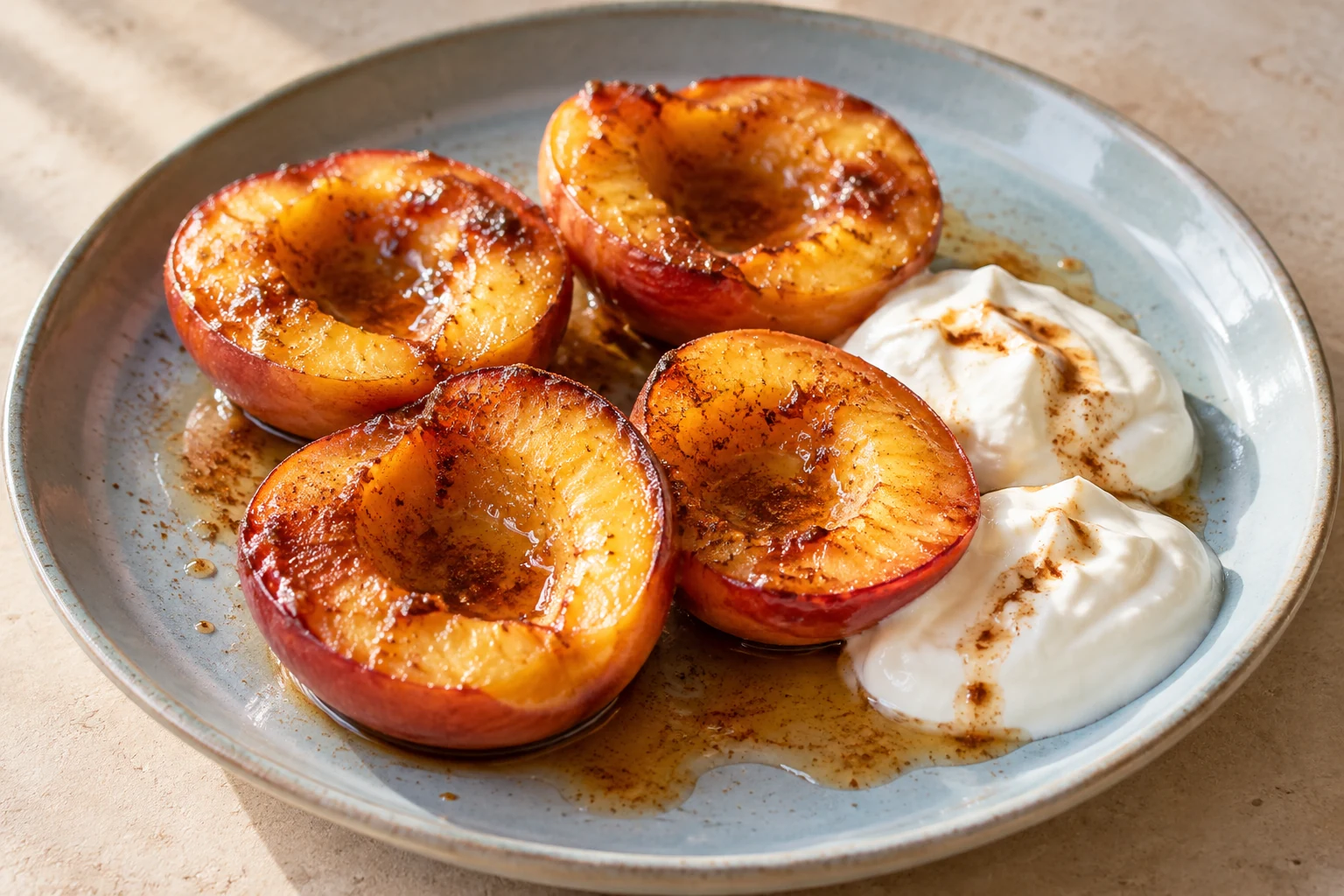 Honey-glazed roasted peach halves with Greek yogurt and pan juices