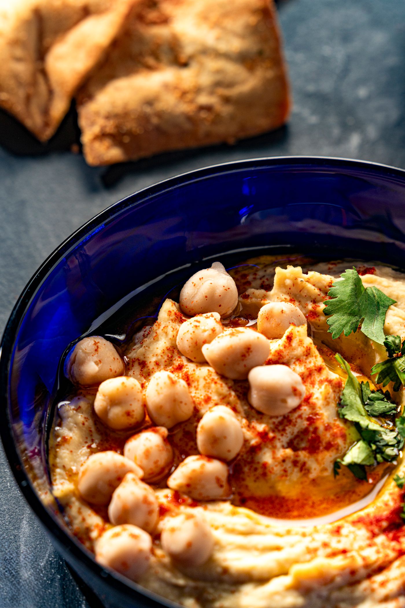 Hummus with chickpeas, spices, and bread