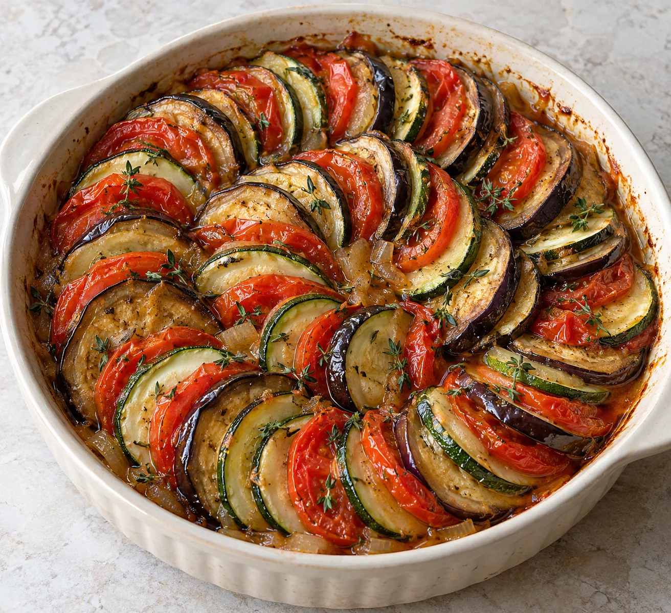 Thin overlapping eggplant, zucchini and tomato slices bake over softened onions, with garlic, thyme and olive oil.