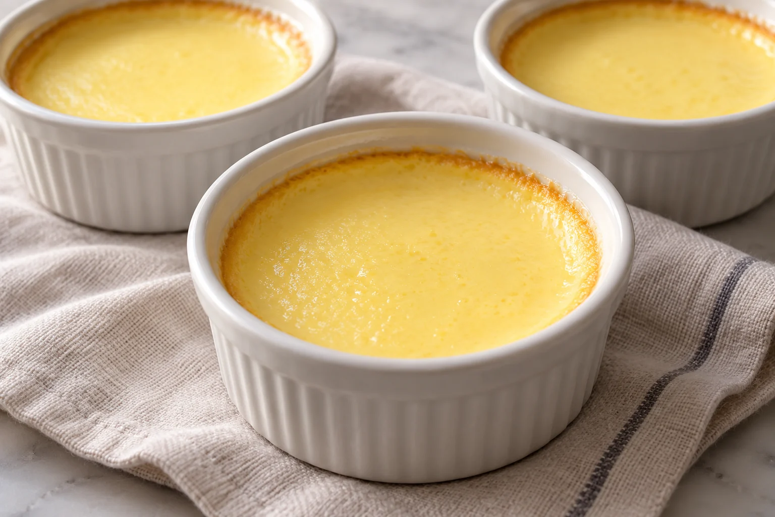 Small smooth baked milk-and-egg custards flavored with lemon zest and chilled before serving.