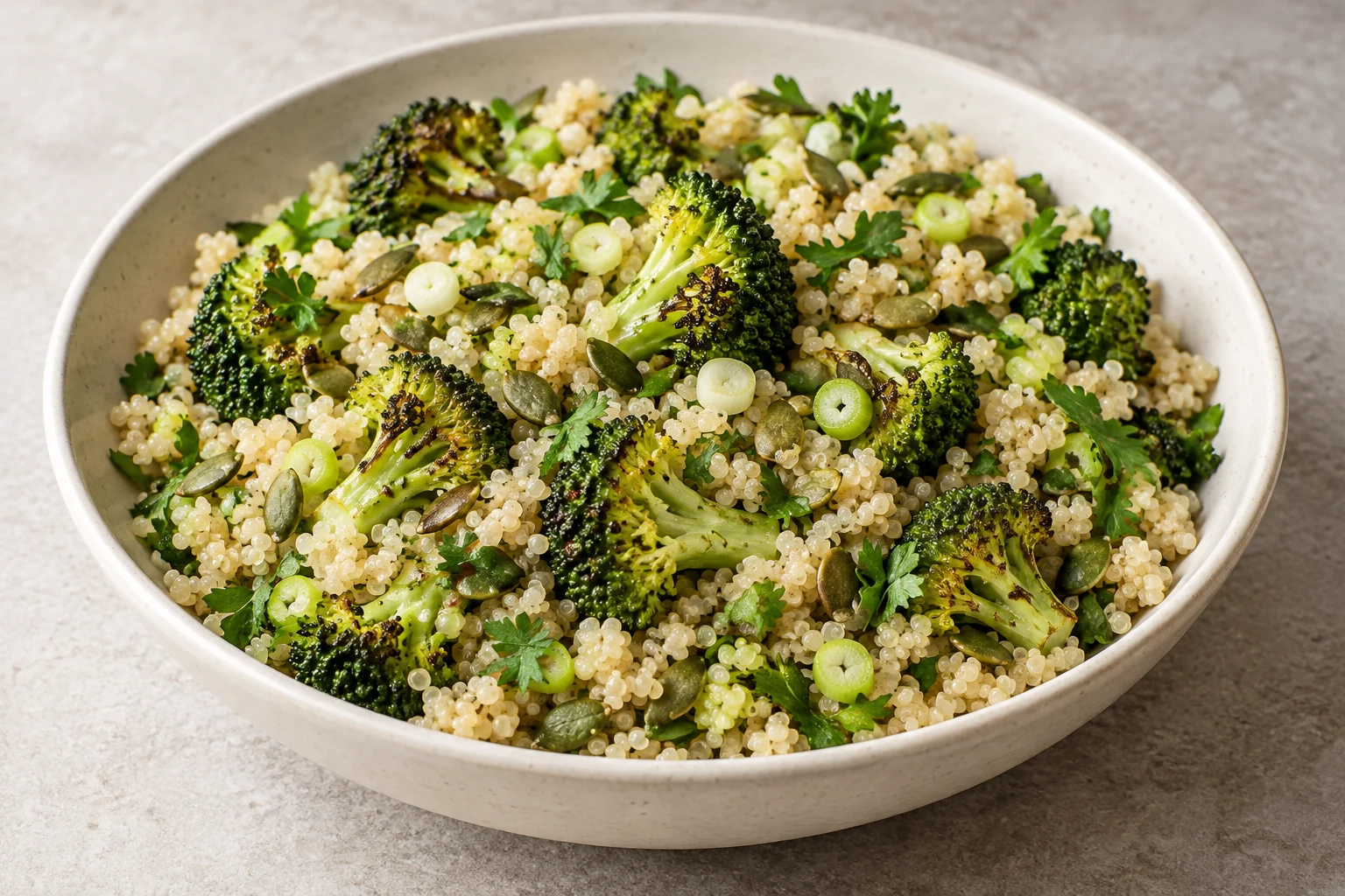 Roasted broccoli and quinoa salad with scallions, parsley and pumpkin seeds.