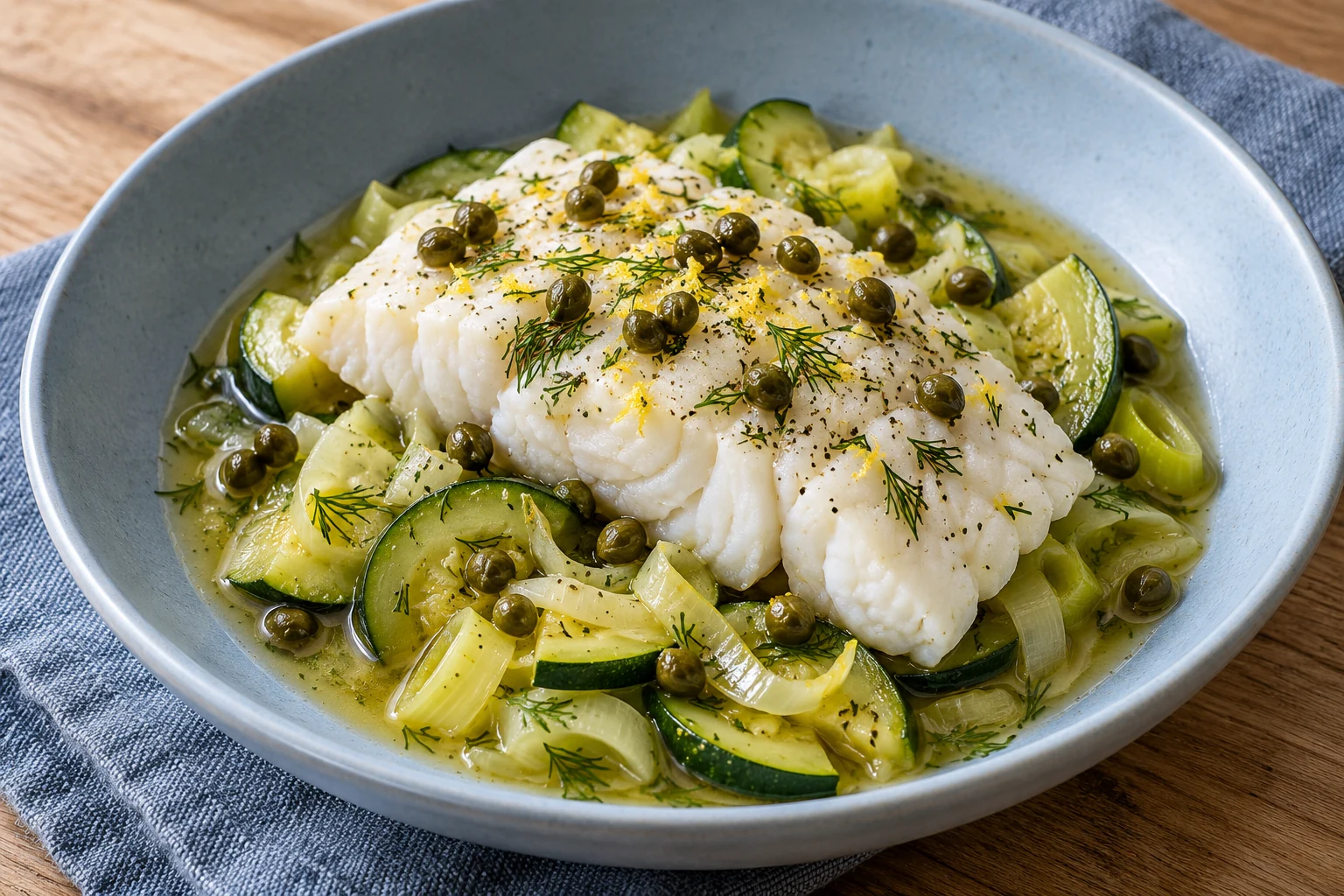 White cod fillet with leeks, zucchini, capers, lemon zest and dill in a blue bowl