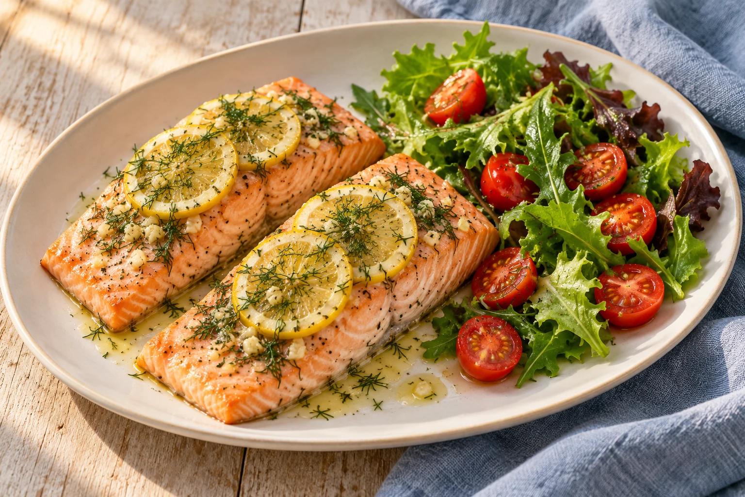 Baked salmon with lemon slices and chopped dill, served with cherry tomatoes and salad greens