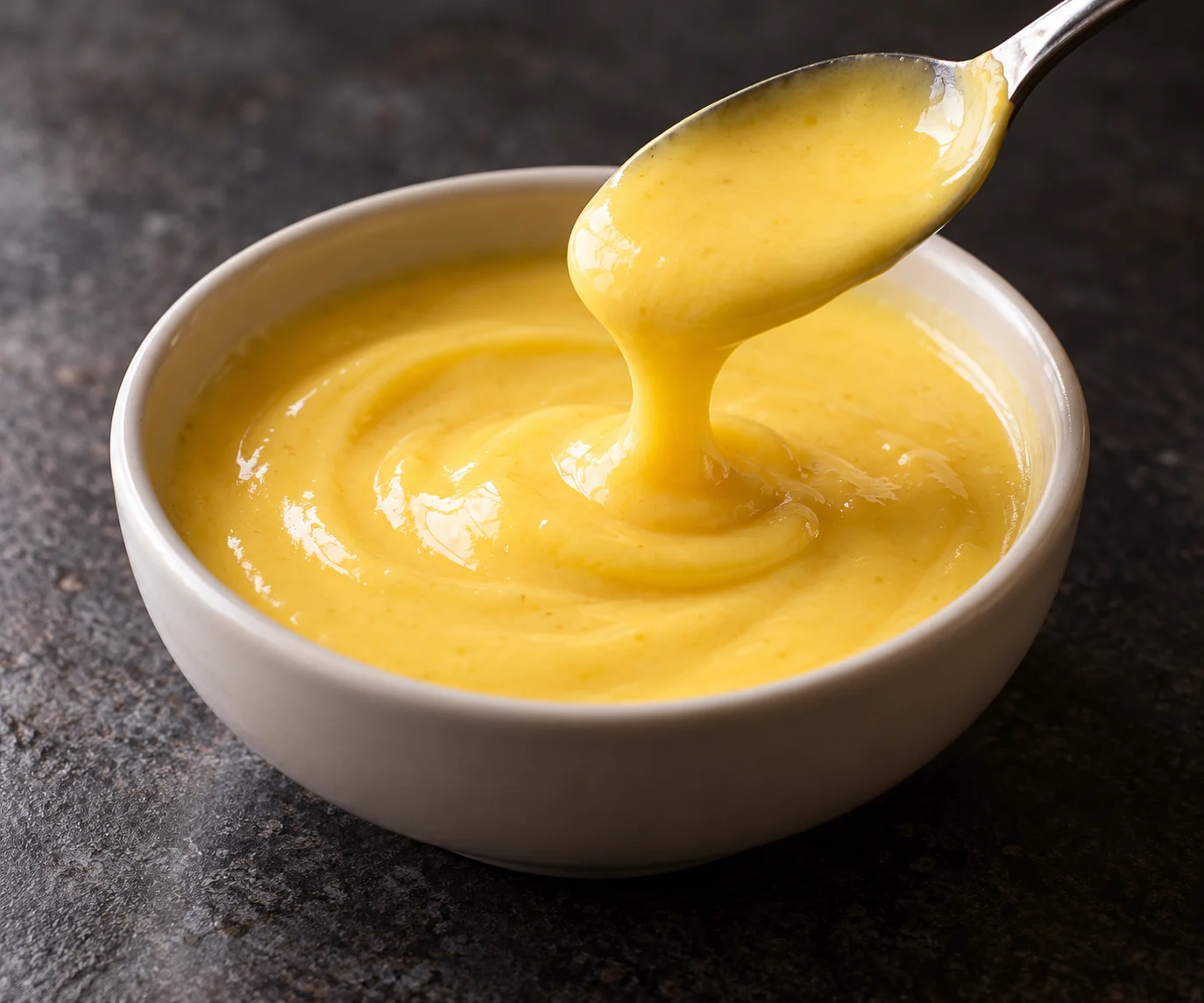 A warm lemon-and-butter emulsion whisked over gentle steam with commercially pasteurized yolks.