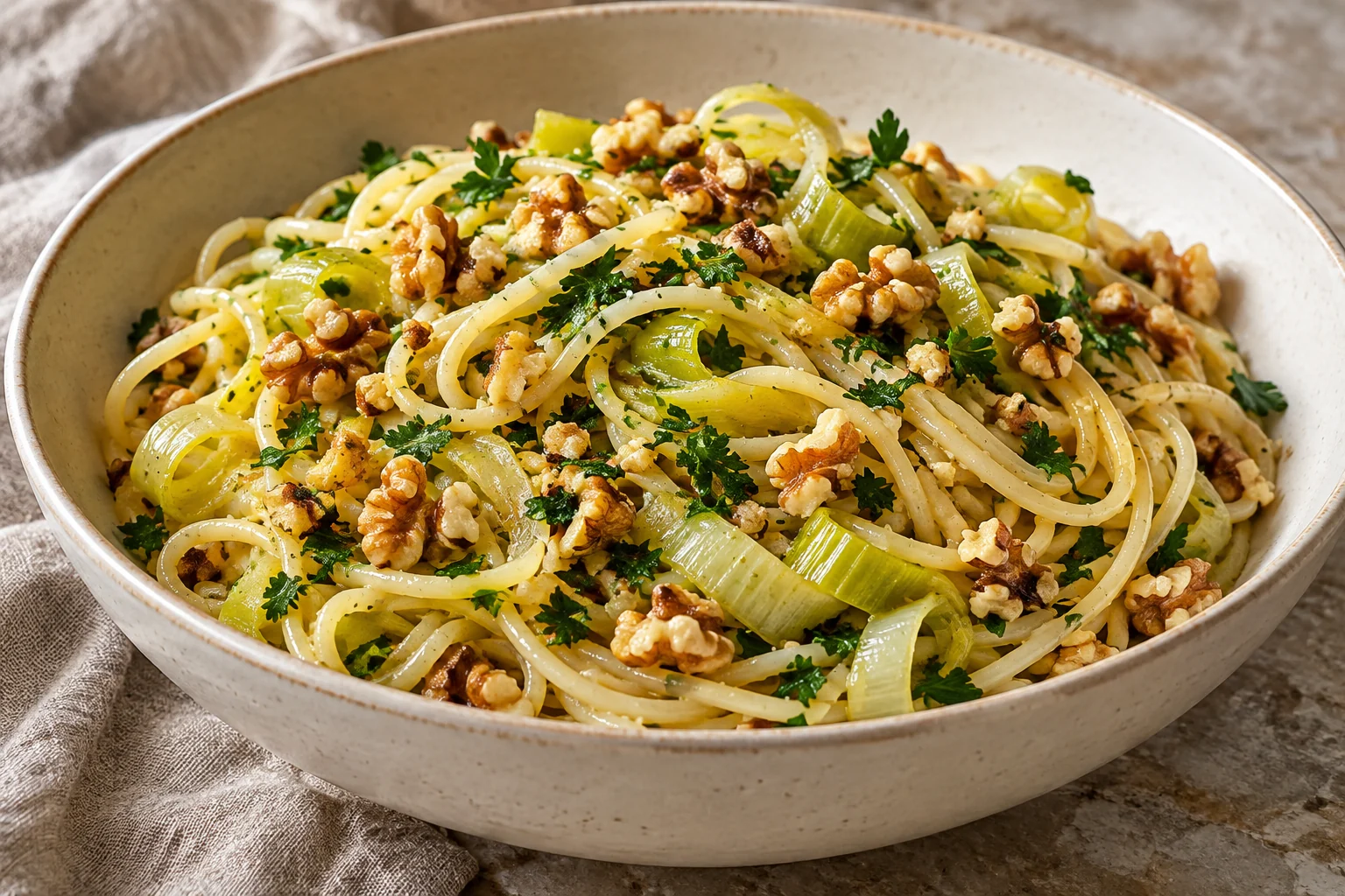 Soft ribbons of leek and toasted walnuts coat spaghetti in a light lemon-and-olive-oil sauce.