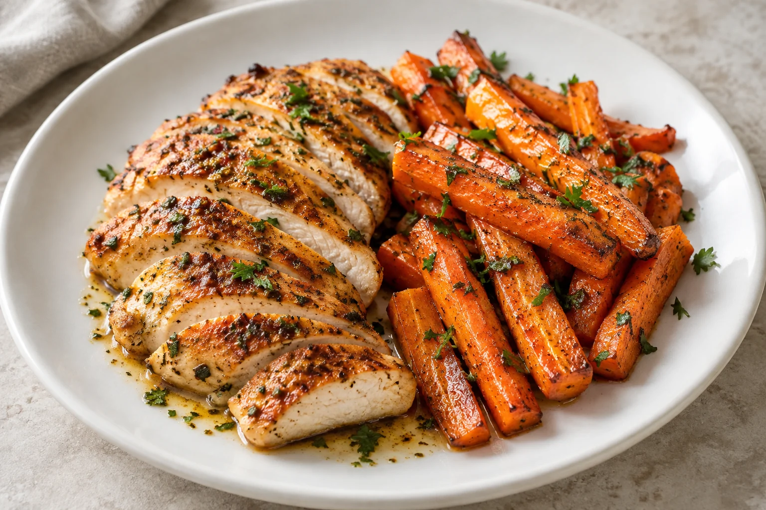 Boneless chicken breasts roast beside carrot batons, finished with lemon juice and fresh parsley.