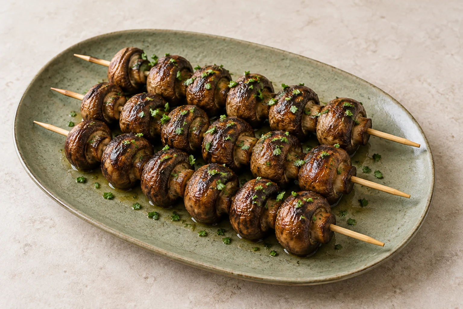 Browned cremini mushrooms on wooden skewers with chopped parsley and olive-oil sheen on a ceramic platter.