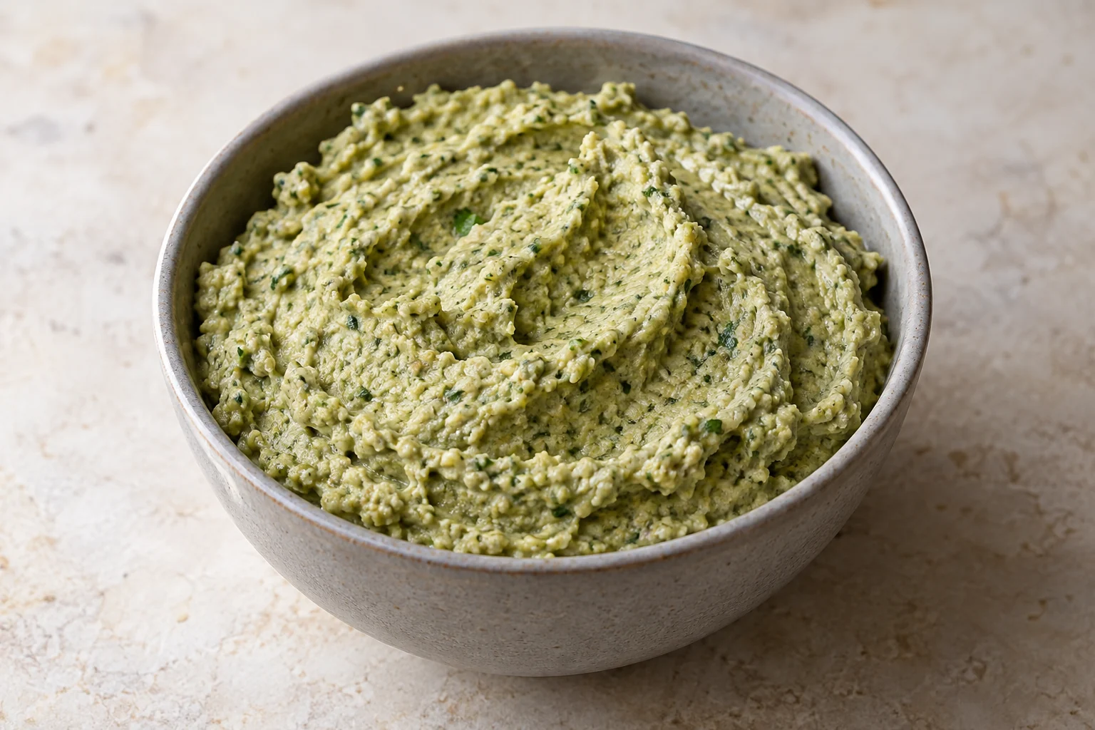 Thick lemon pumpkin-seed spread with parsley flecks in a gray ceramic bowl.