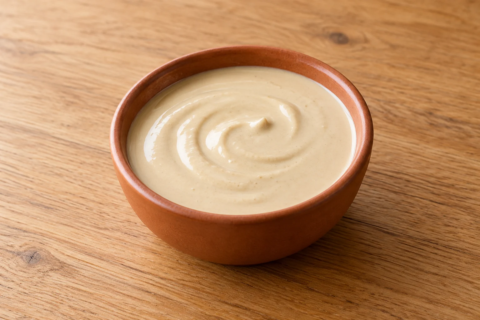 Smooth pale-beige lemon-tahini sauce swirled in a terracotta bowl on a wooden surface.