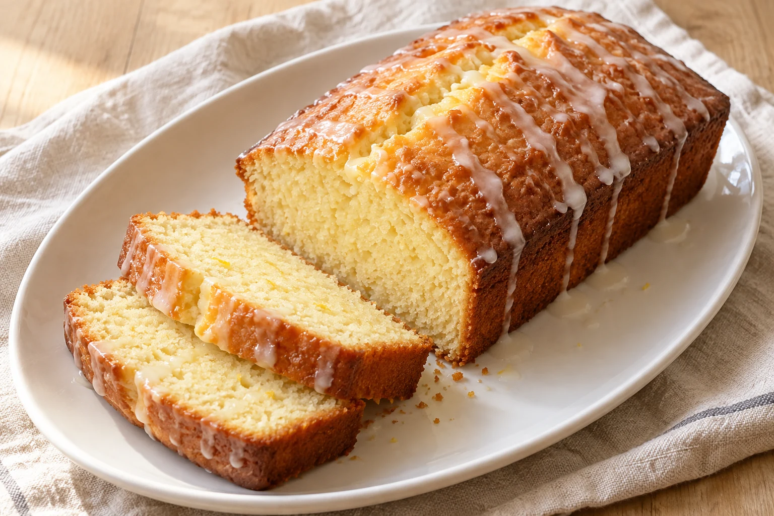 Sliced golden lemon yogurt loaf with a thin lemon glaze