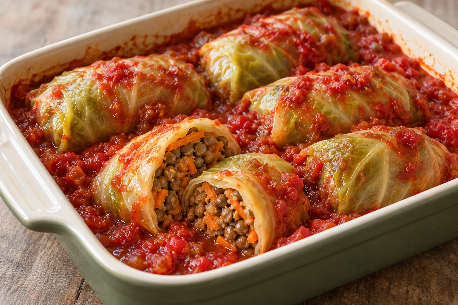 Tender cabbage leaves wrap a lentil-carrot filling and bake in a simple tomato sauce.