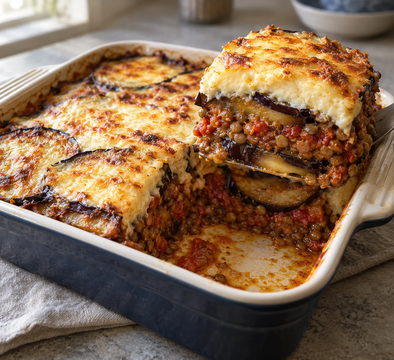 Roasted eggplant and a thick lentil-tomato sauce bake beneath a yogurt, egg and Parmesan topping.