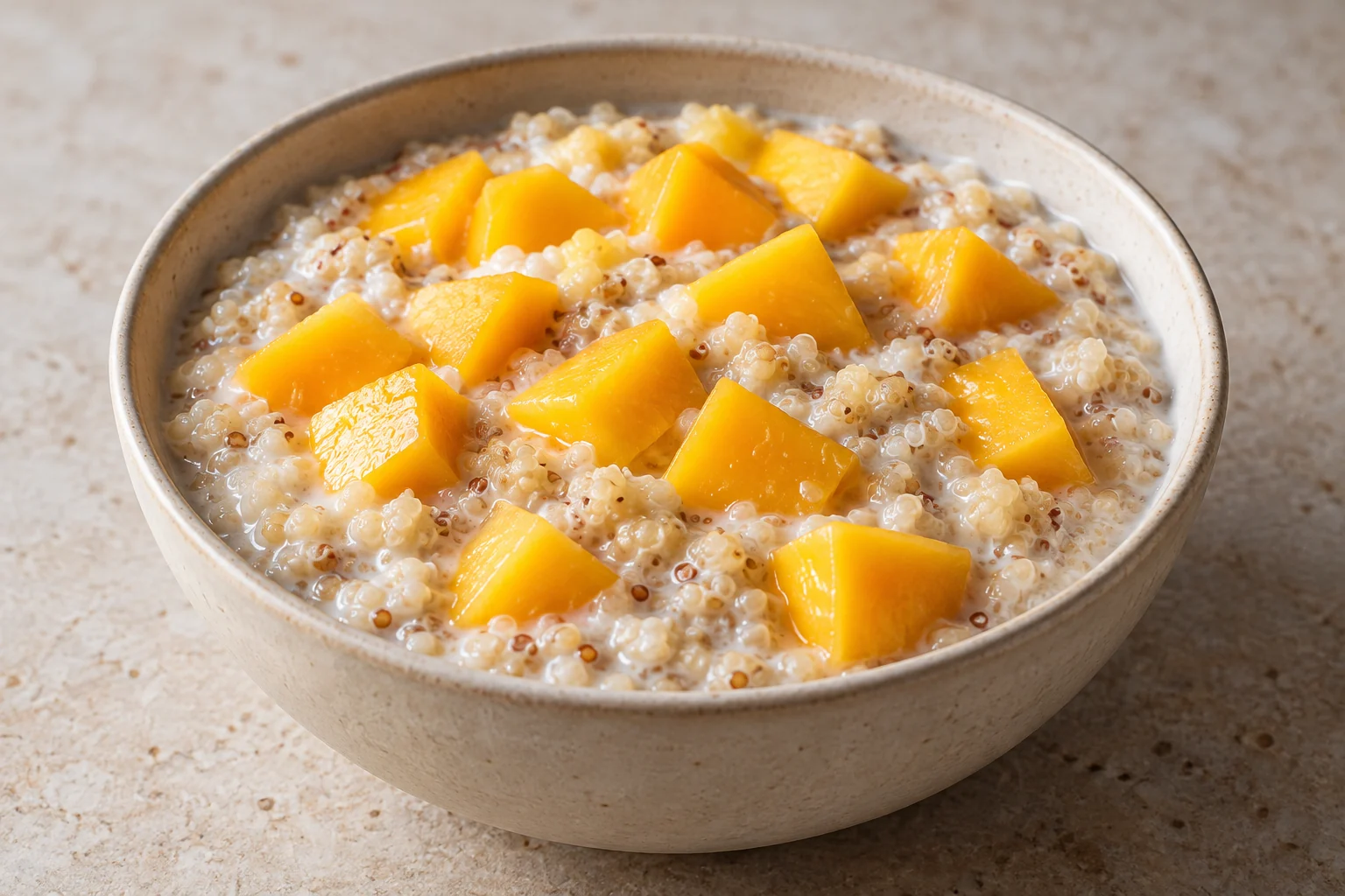 Soft quinoa simmered in water and coconut milk, finished with fresh mango and a small measured amount of maple syrup.