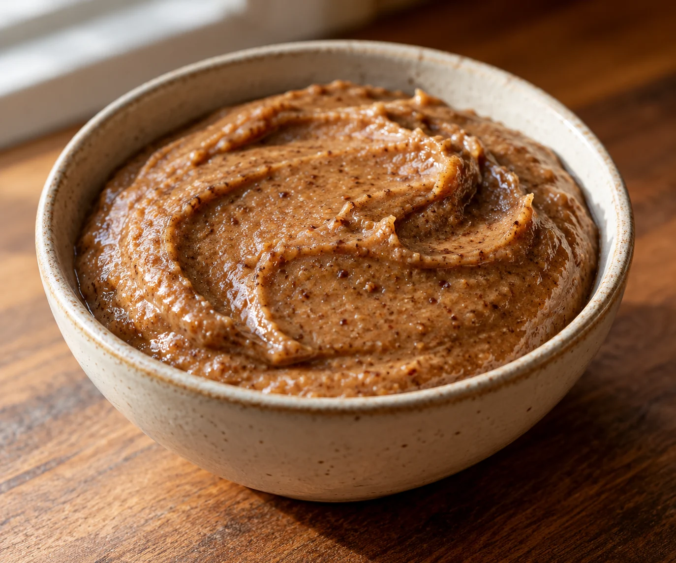 Toasted pecans processed into nut butter, then finished with maple syrup and cinnamon for a thick spoonable spread.