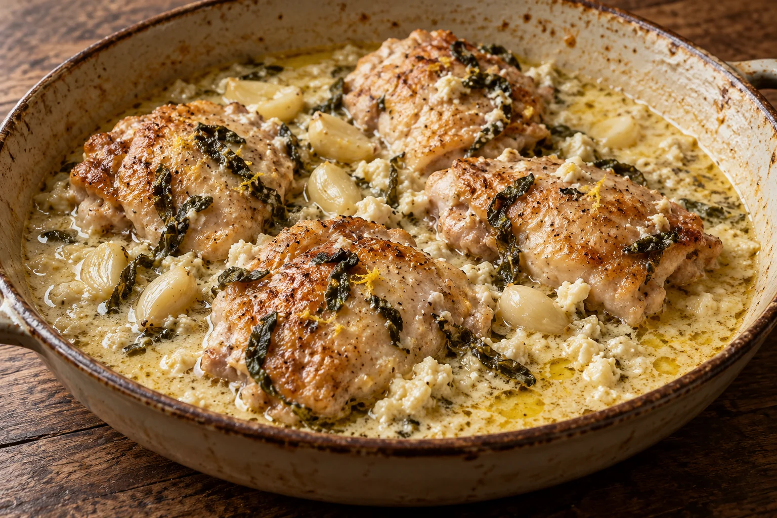 Boneless chicken thighs gently braise with whole milk, sage, garlic and lemon zest, creating a rustic sauce.