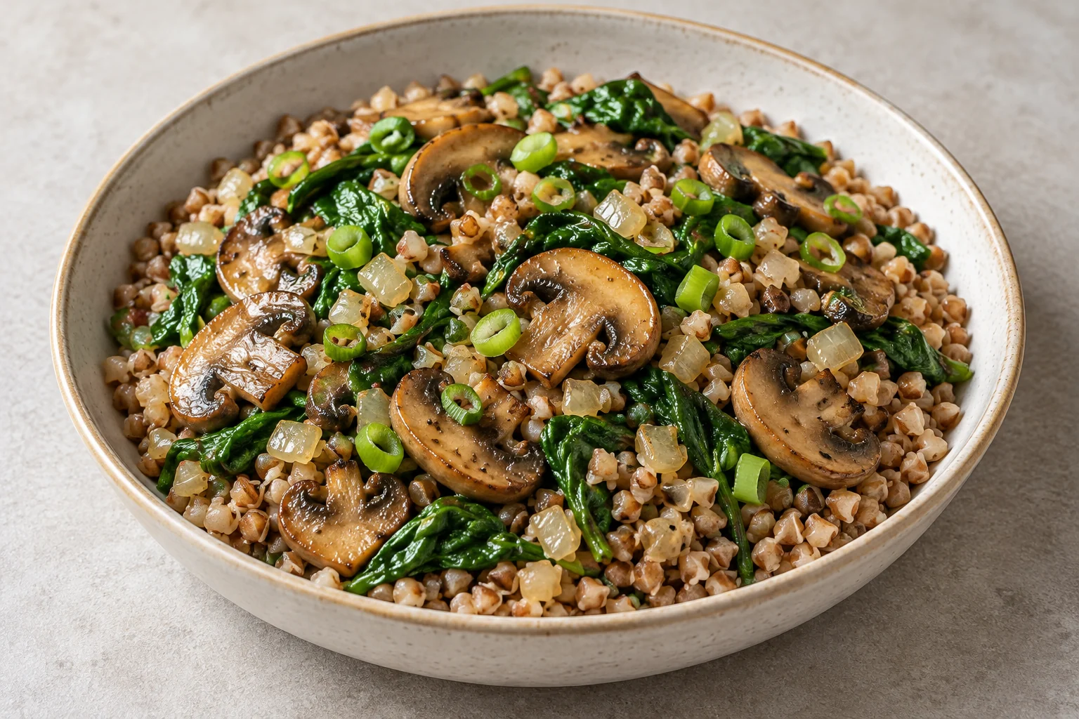 Buckwheat bowl with browned mushrooms, spinach, onion and scallions.