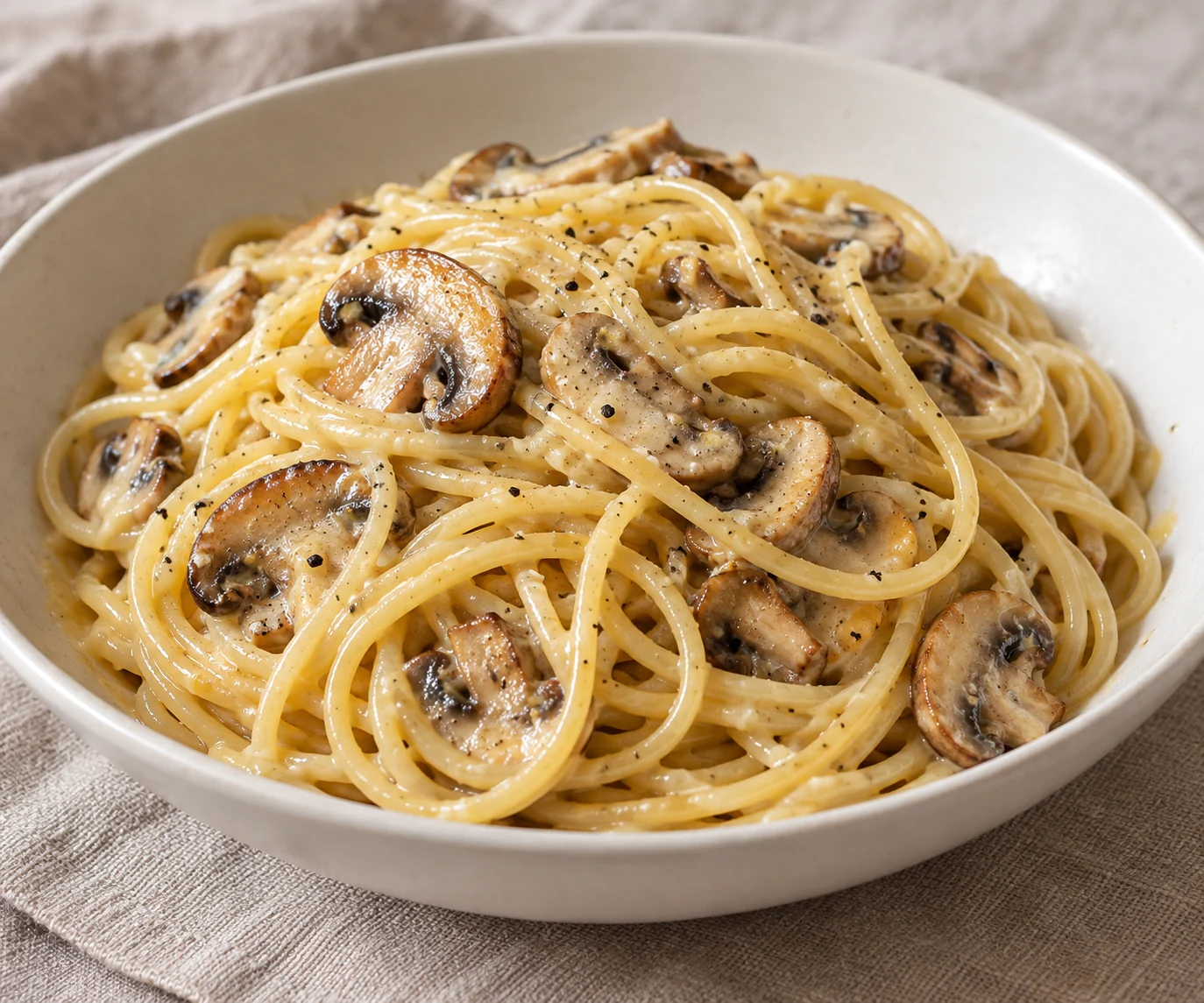 Browned mushrooms meet spaghetti in an egg-and-cheese sauce gently heated over simmering water.