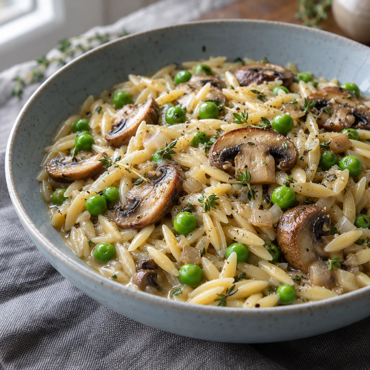 Small orzo pasta cooks in its own light starchy sauce with browned mushrooms, peas and thyme.