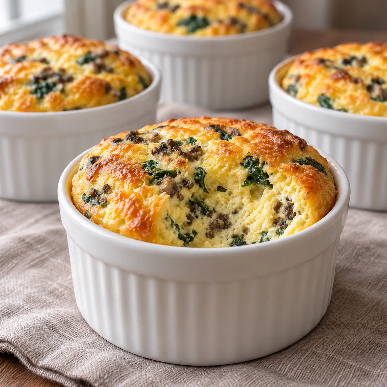 A thick vegetable-and-cheese base is lightened with whipped egg whites and baked in individual dishes.