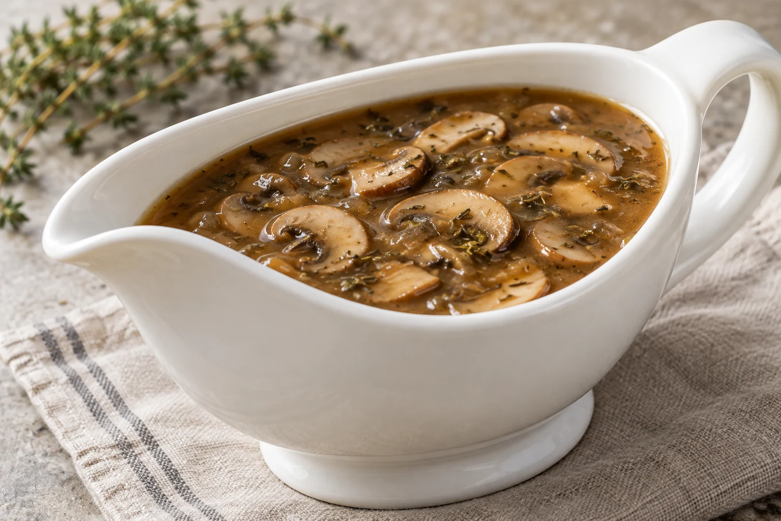 Sliced mushrooms and a lightly browned flour base make a savory spoonable gravy without stock or cream.