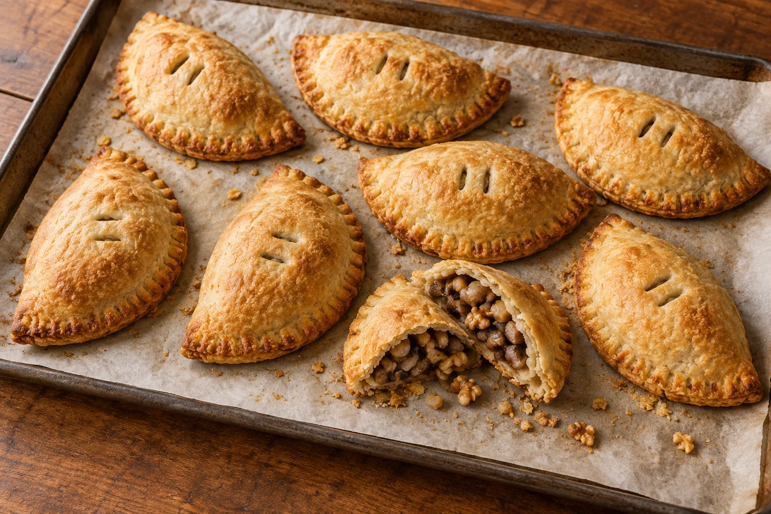 Cold-butter shortcrust encloses a reduced mushroom, onion and walnut filling in eight individual savory pies.