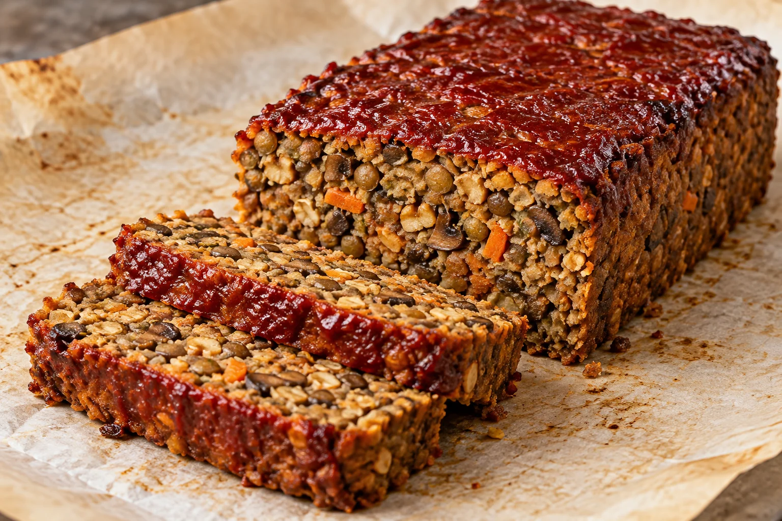 A savory lentil loaf binds finely chopped mushrooms and walnuts with oats and egg under a tomato-paste glaze.