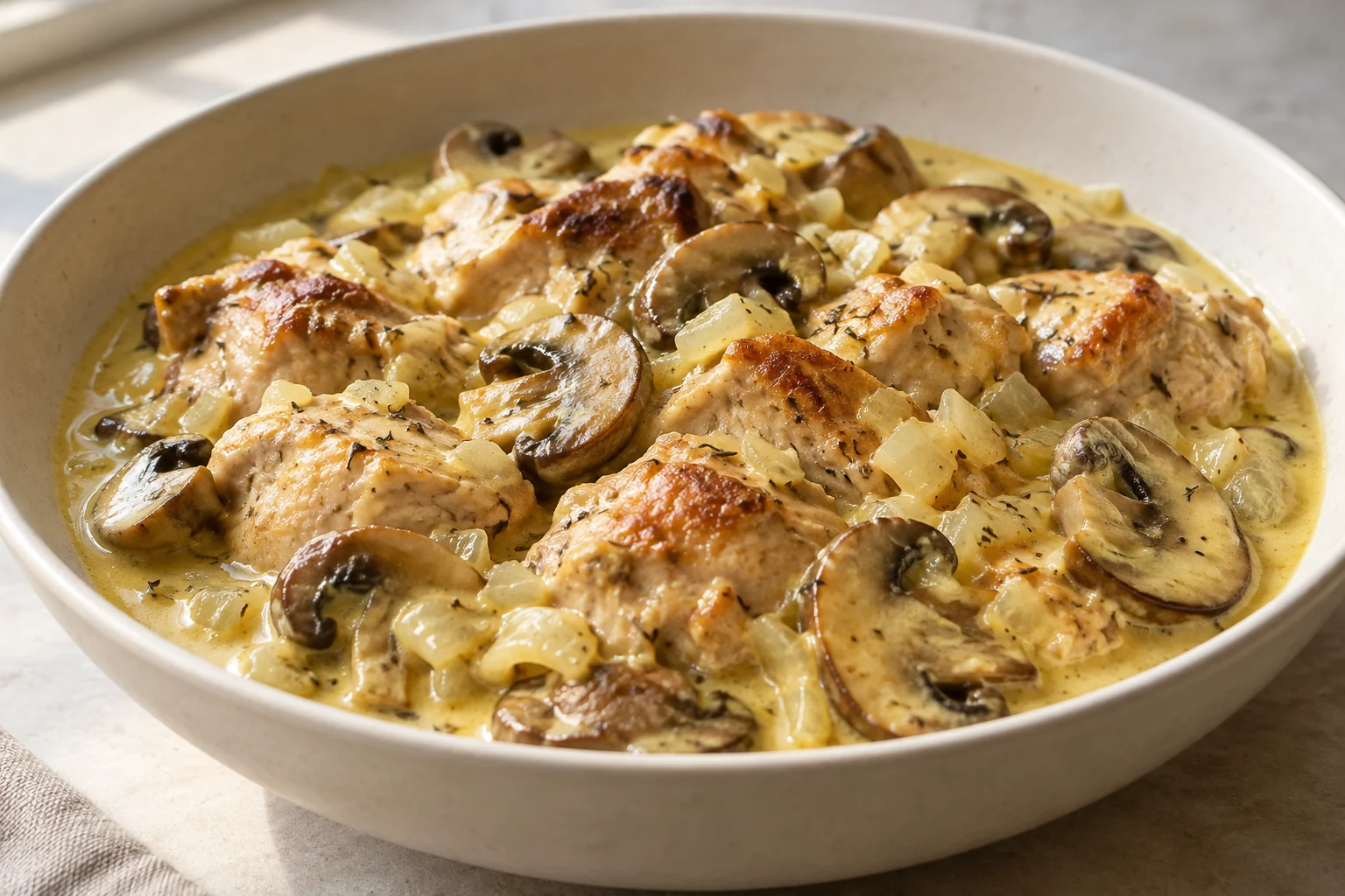Boneless chicken thighs simmer with browned mushrooms, onion and thyme before a gentle yogurt-mustard finish.