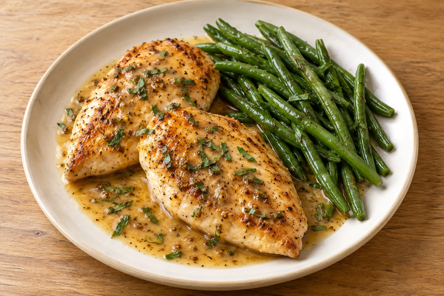 golden chicken breast cutlets with whole green beans, glossy Dijon pan sauce and chopped tarragon on an ivory plate.