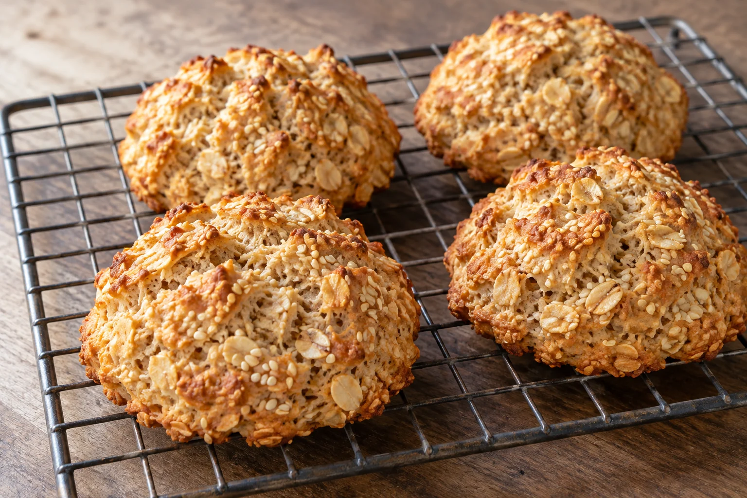 Rustic golden drop biscuits with rolled oats, cold butter and sesame mixed through the dough.