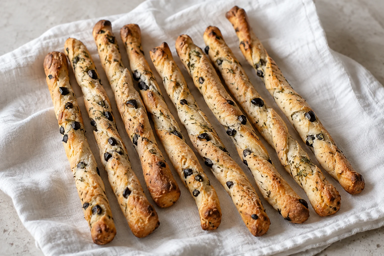 Slim yeasted breadsticks carry finely chopped black olives and thyme through a golden crust.