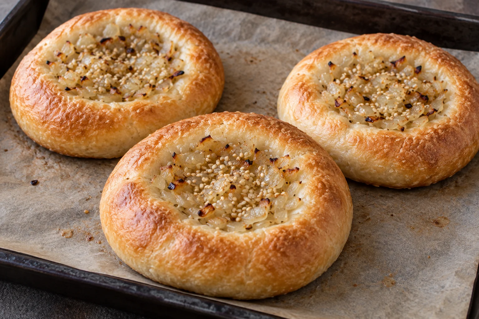 Unboiled chewy yeast rolls with broad thin centers holding a small amount of cooked onion and sesame.