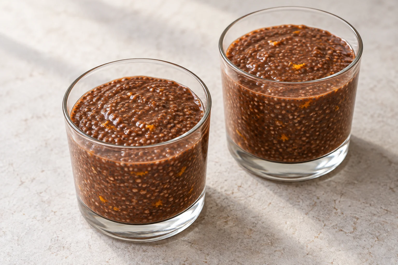 A chilled chocolate chia pudding scented with orange zest, with the seeds left whole for a gently pebbled texture.