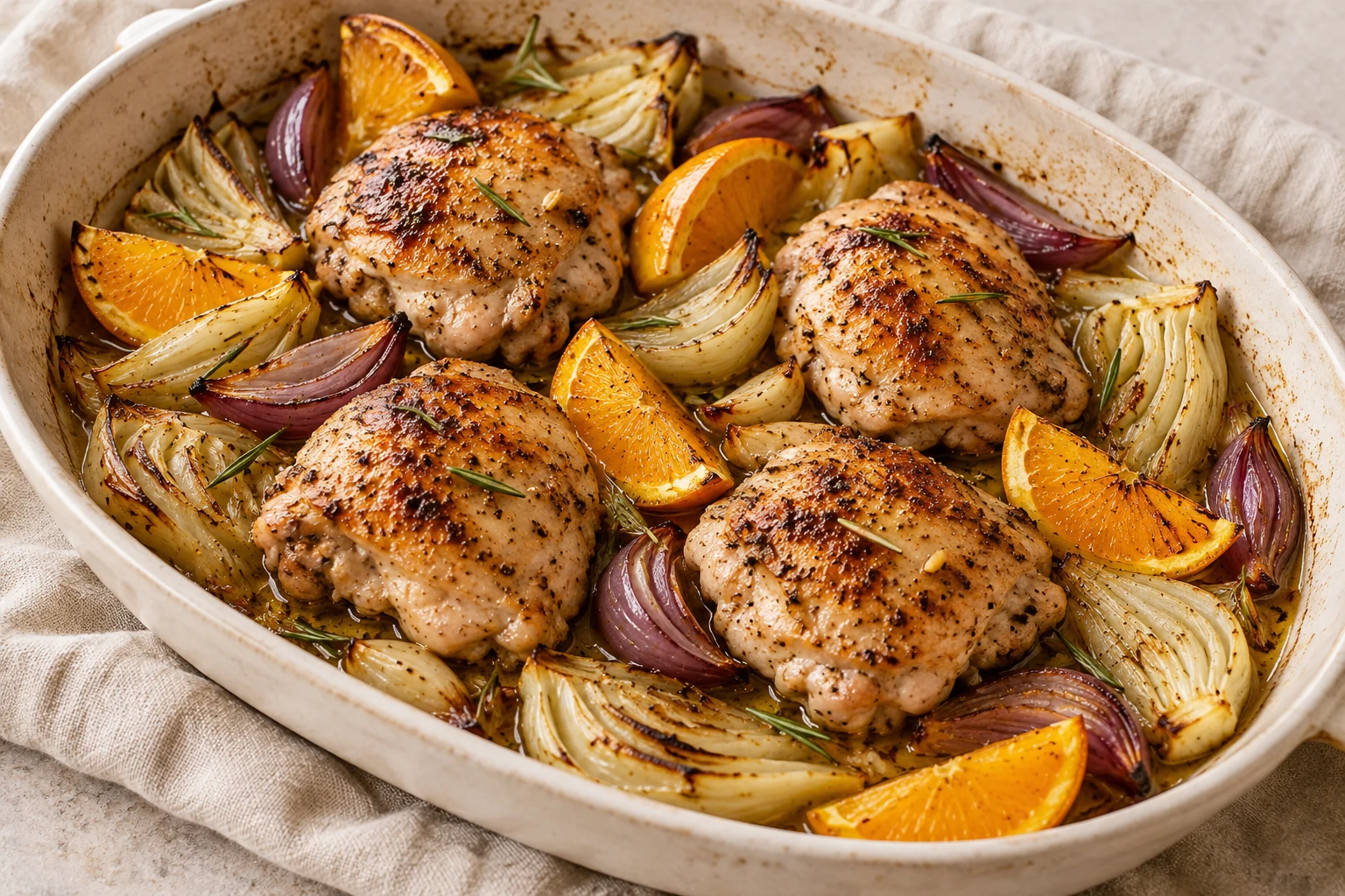 Four browned chicken thighs with roasted fennel, red onion, orange wedges and rosemary