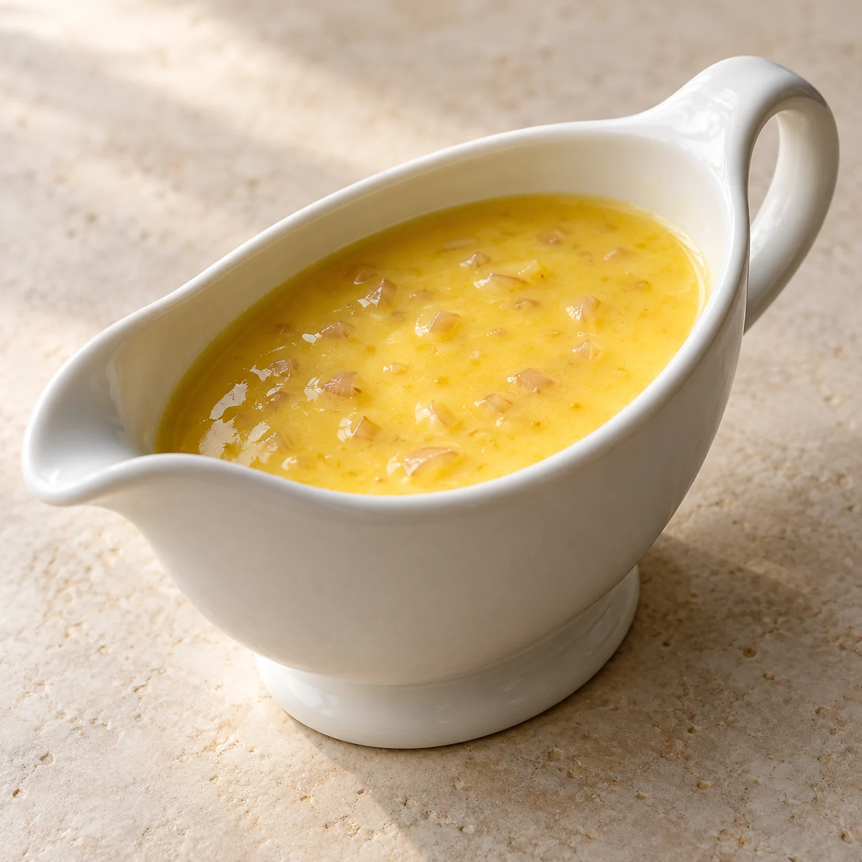 A warm citrus butter emulsion with tender shallot flecks, made by whisking cold butter into a concentrated orange reduction.