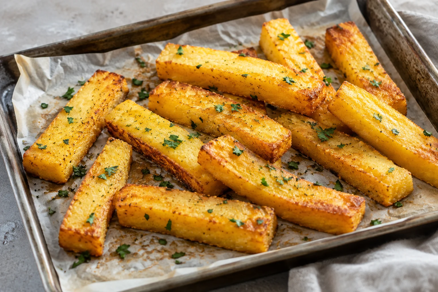 Firm chilled cornmeal is cut into thick batons and baked with olive oil until the edges turn golden.