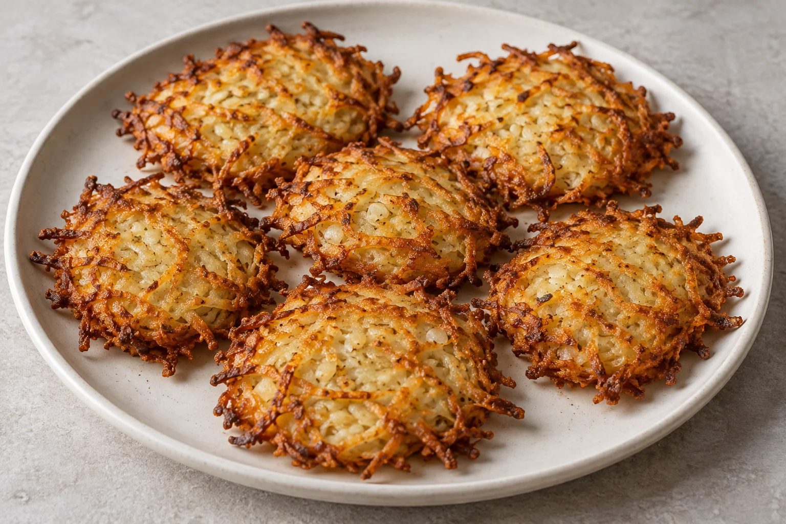 Thin shredded-potato pancakes with golden oven-crisped edges and tender onion centers.