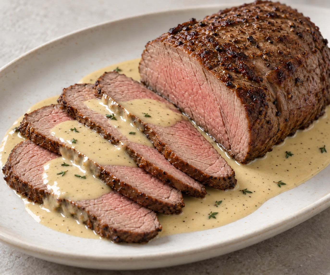 A trimmed lean sirloin-cap roast cooked by thermometer, rested and sliced across the grain with its juices in a mustard cream sauce.