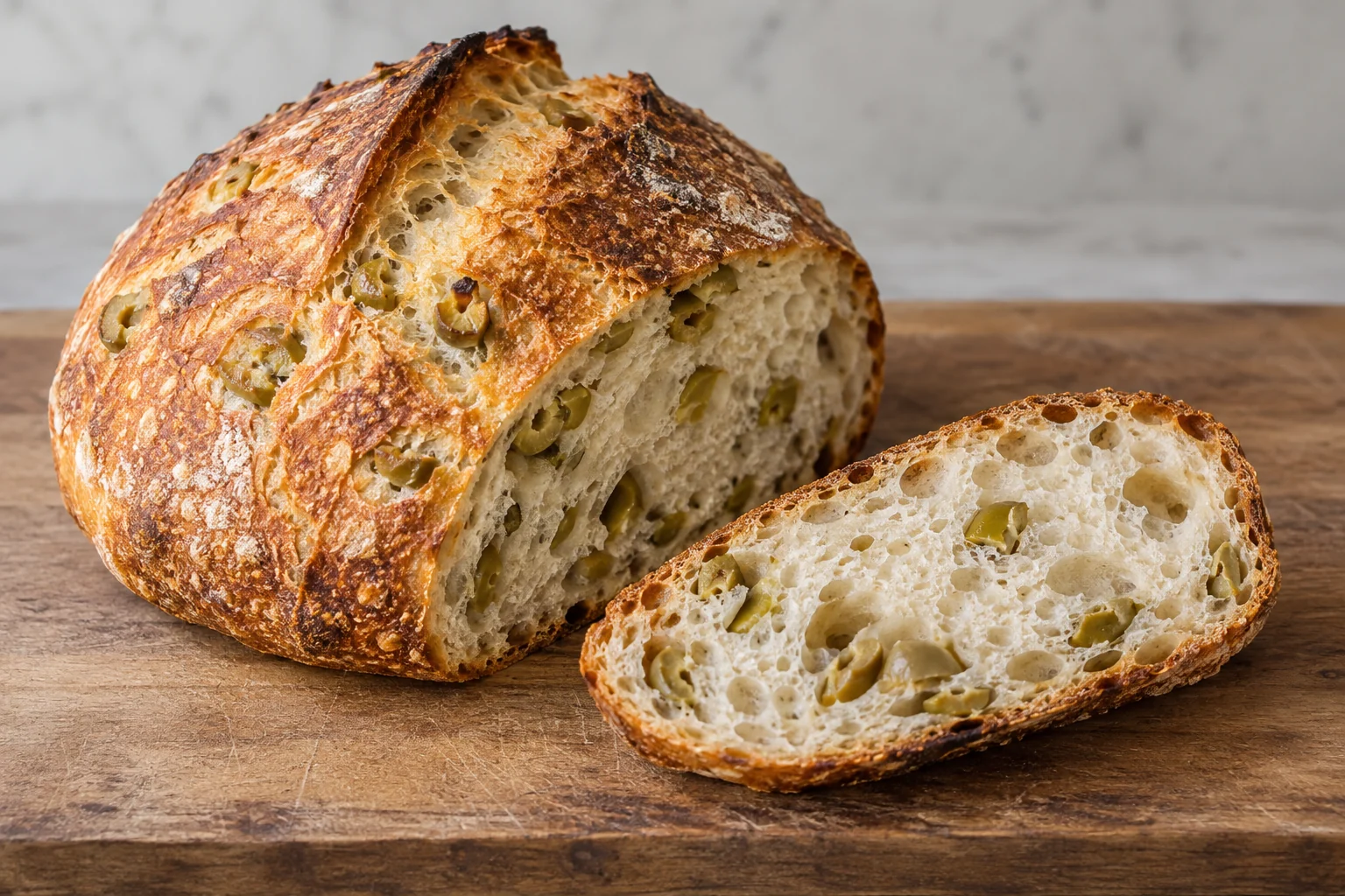A crusty round yeast loaf with green olives, developed through a long room-temperature fermentation.