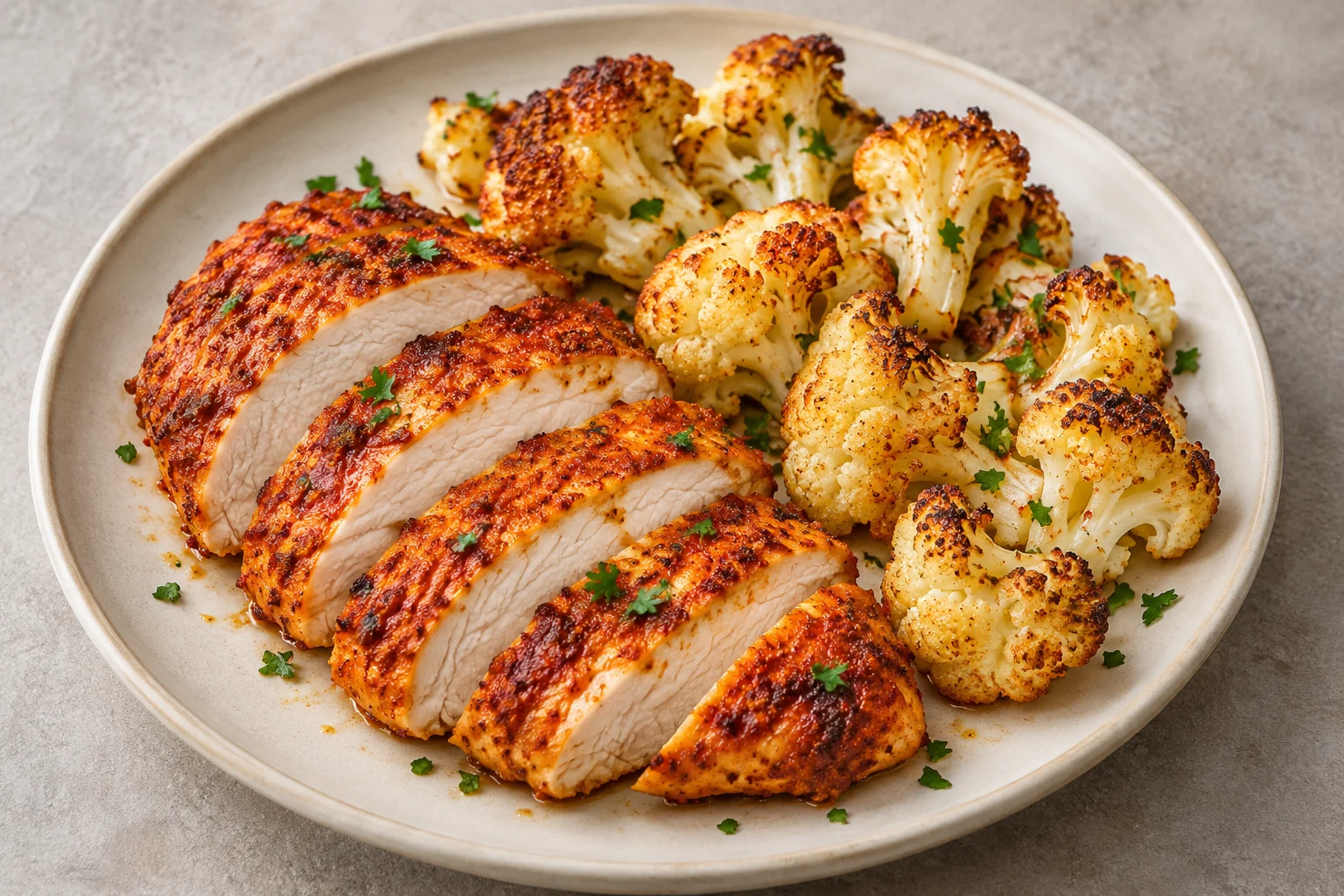 thick slices of paprika-coated chicken breast with roasted cauliflower and chopped parsley on a cream plate.