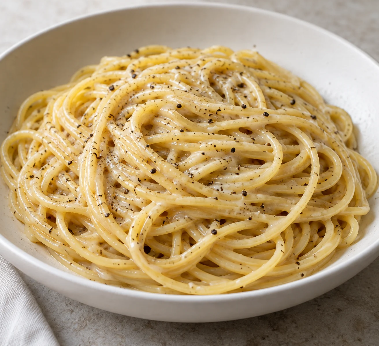 Finely grated Parmesan and starchy pasta water form a glossy pepper sauce in this cacio e pepe–inspired variation.
