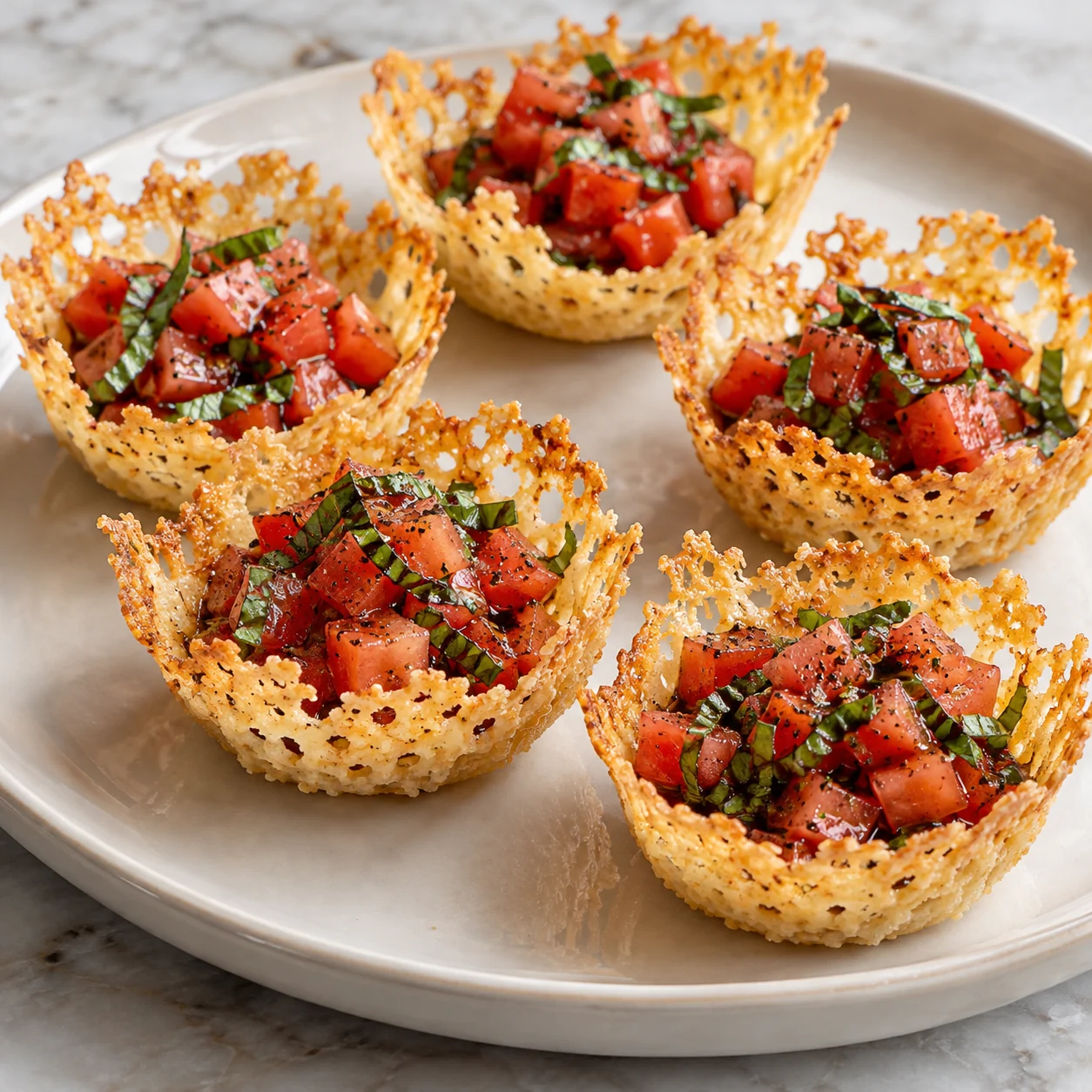 Thin baked cheese crisps shaped into small cups and filled just before serving with tomato and basil salad.