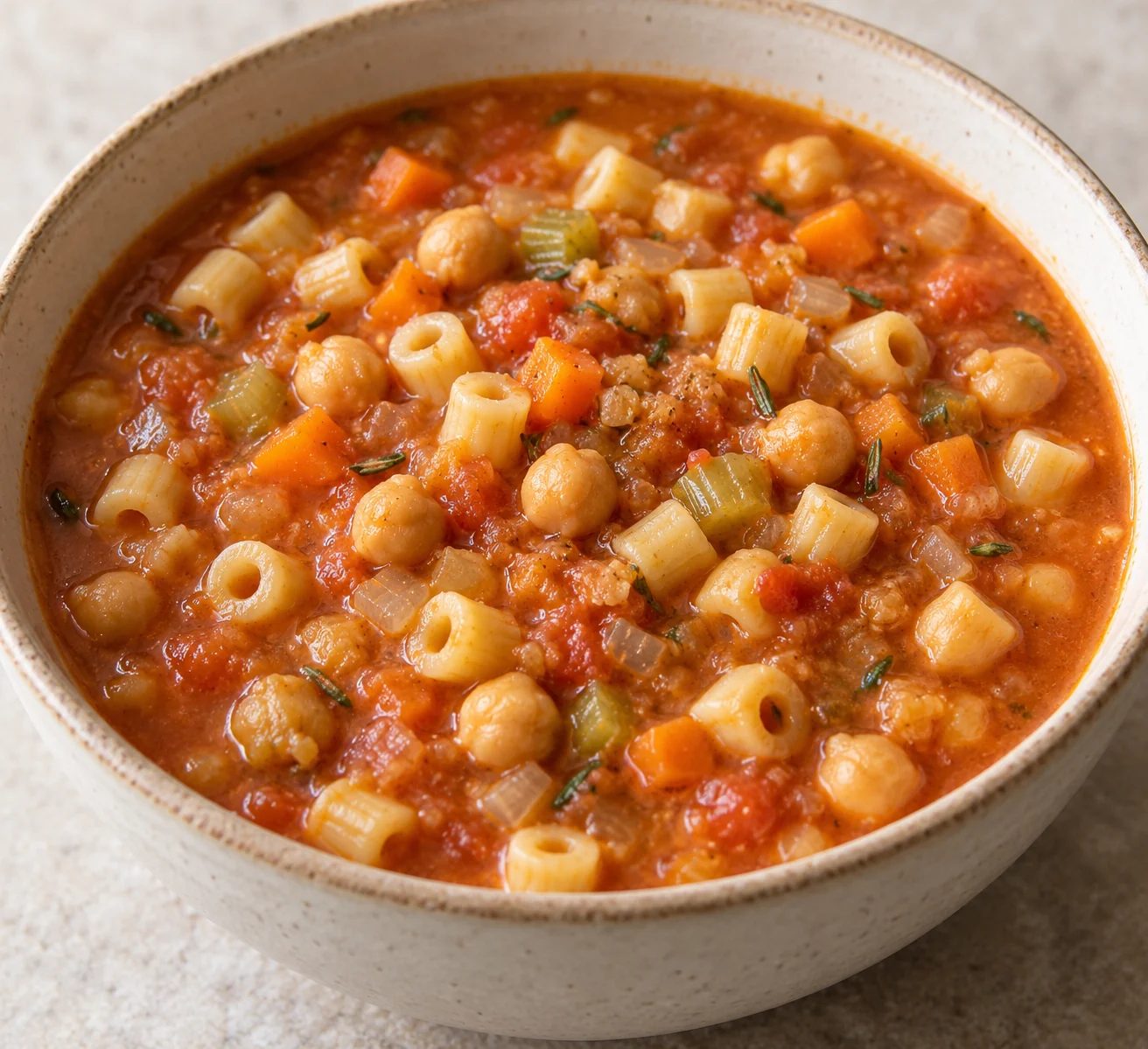 Partly mashed chickpeas thicken a tomato-rosemary broth in which small pasta cooks directly.
