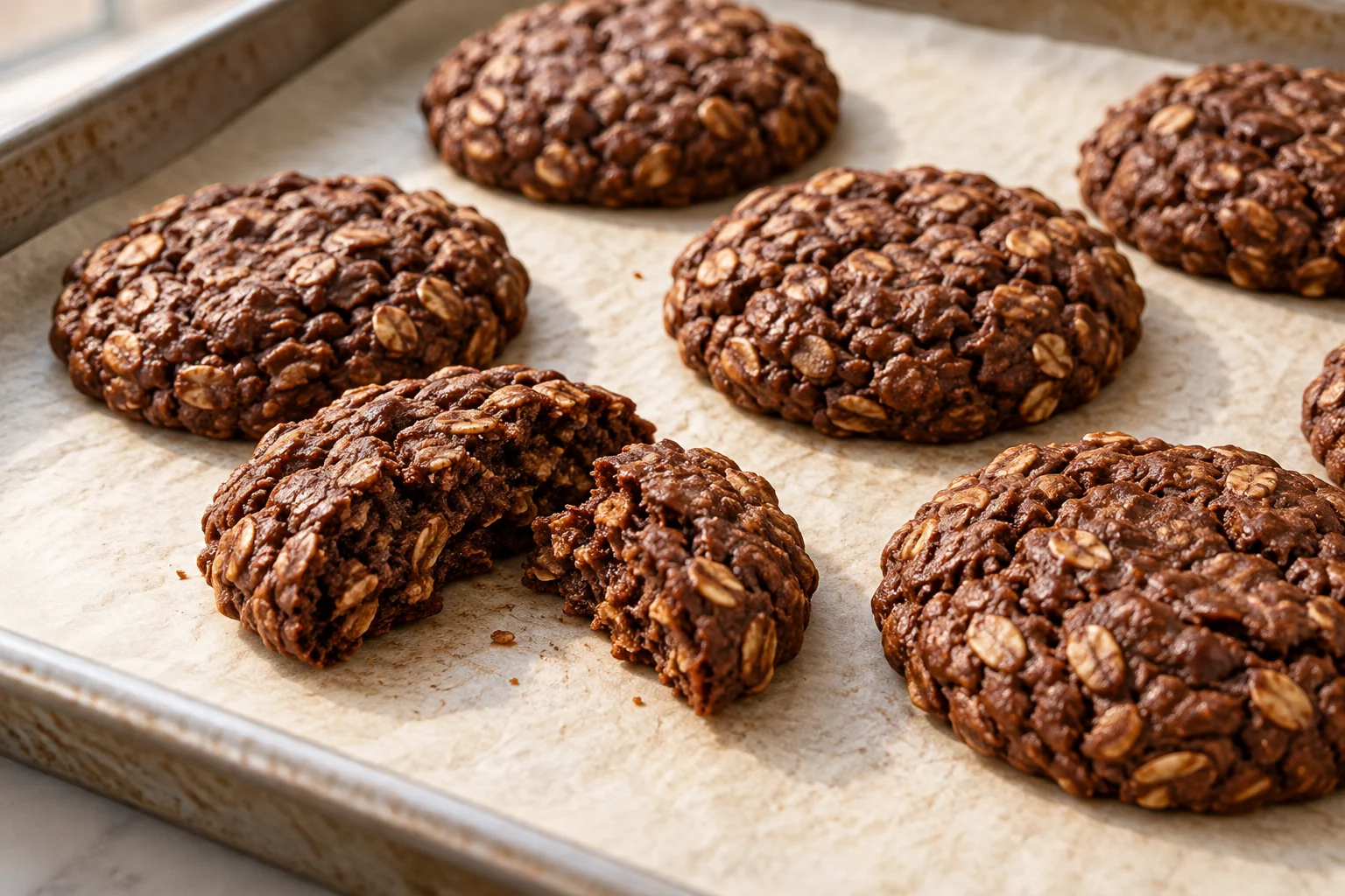 Dark cocoa cookies with rolled oats and smooth peanut butter, baked with soft centers and set edges.