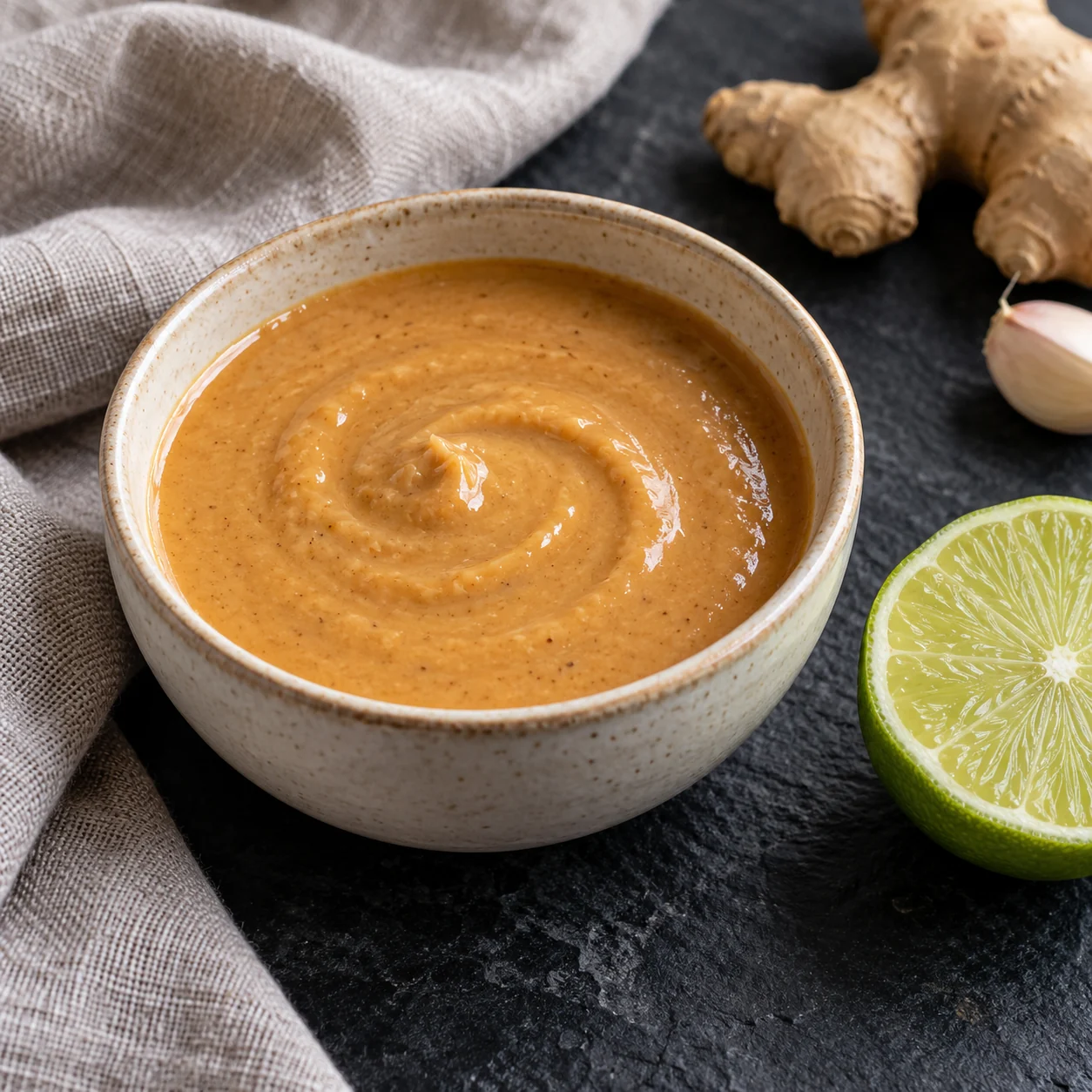 A smooth peanut sauce with fresh lime and ginger, thinned for dipping or drizzling.