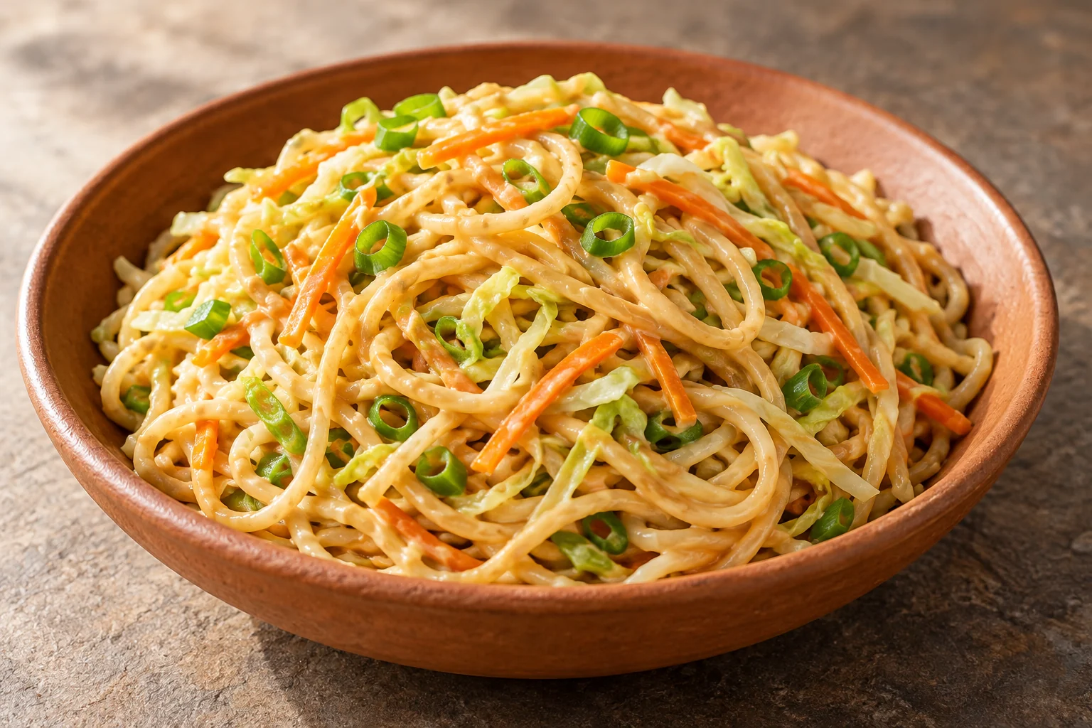 Spaghetti, crunchy cabbage and carrot are tossed with a measured peanut, soy and lime dressing.